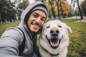 ai generado hombre toma selfie con perro en parque generativo ai foto