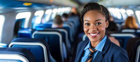 ai generado afroamericano vuelo asistente en el cabina de el avión generativo ai foto