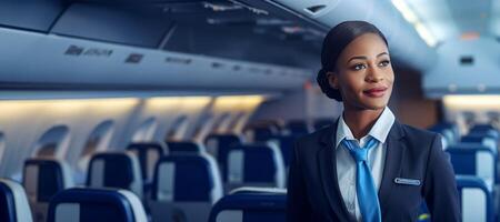 AI generated African-American flight attendant in the cabin of the plane Generative AI photo