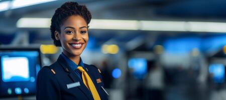 AI generated African-American flight attendant in the cabin of the plane Generative AI photo