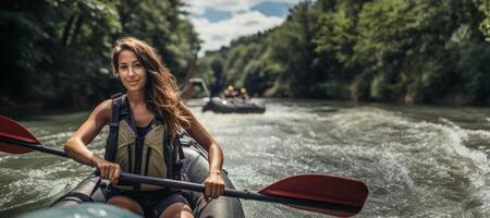 AI generated girl on a kayak  Generative AI photo