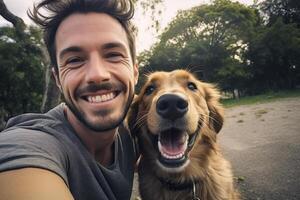 ai generado hombre toma selfie con perro en parque generativo ai foto