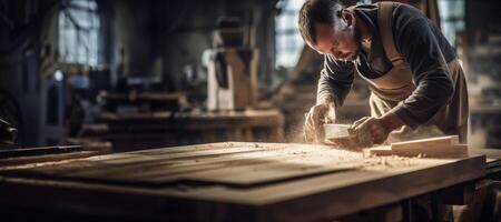 ai generado carpintero Procesando madera en el taller generativo ai foto