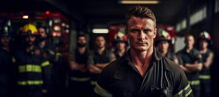 AI generated fireman at fire station on blurred background Generative AI photo