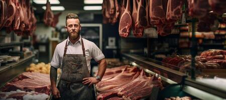 AI generated Butcher in a butcher shop Generative AI photo