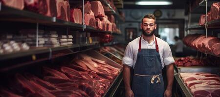 AI generated Butcher in a butcher shop Generative AI photo