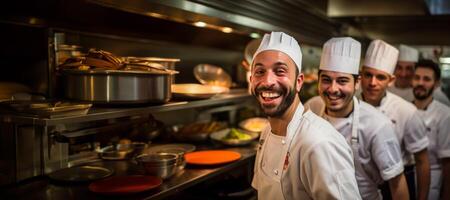 AI generated team of smiling chefs in the kitchen Generative AI photo