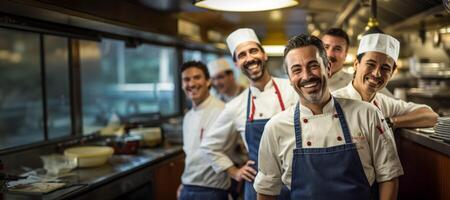 AI generated team of smiling chefs in the kitchen Generative AI photo