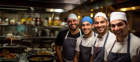 AI generated team of smiling chefs in the kitchen Generative AI photo