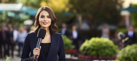 AI generated female correspondent with a microphone films a report in front of a video camera Generative AI photo