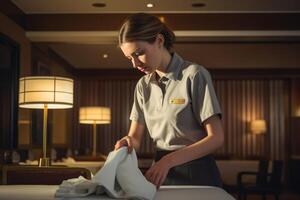 AI generated girl cleaning hotel room Generative AI photo