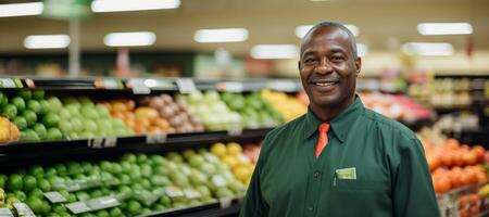 AI generated brunch manager of a supermarket against the background of a counter with products Generative AI photo