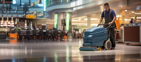 AI generated a cleaner rides a floor cleaning machine in a shopping center Generative AI photo