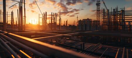 AI generated Construction site structural steel beam at sunset Generative AI photo