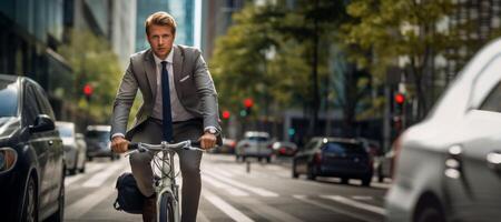 AI generated businessman on a bicycle going to work Generative AI photo