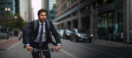 AI generated businessman on a bicycle going to work Generative AI photo