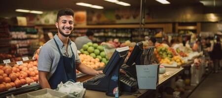 AI generated cashier in a supermarket Generative AI photo