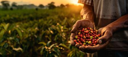 AI generated raw coffee berries in hands close-up Generative AI photo