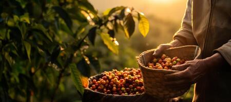 AI generated raw coffee berries in hands close-up Generative AI photo