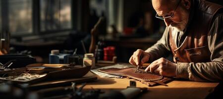 AI generated Tailor working with leather Generative AI photo