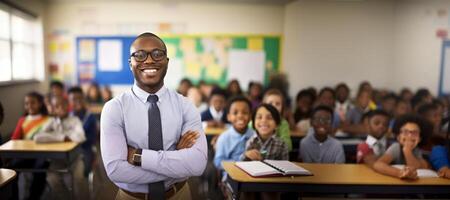 ai generado masculino africano americano profesor en frente de un salón de clases con niños generativo ai foto
