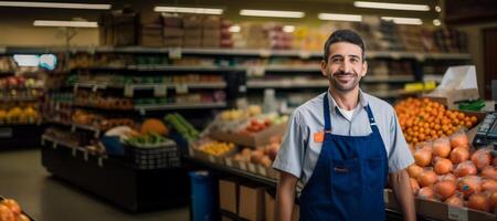 ai generado retrato de un supermercado trabajador en borroso generativo ai foto