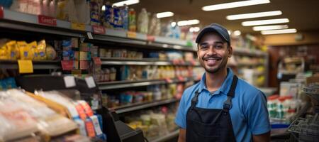 AI generated portrait of a supermarket worker on blurred Generative AI photo