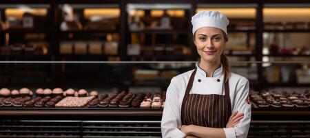 AI generated female confectioner on a background of sweets Generative AI photo