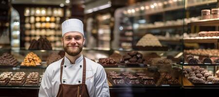 AI generated male confectioner on a background of sweets Generative AI photo