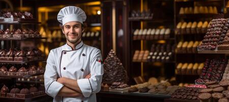 ai generado masculino confitero en un antecedentes de dulces generativo ai foto