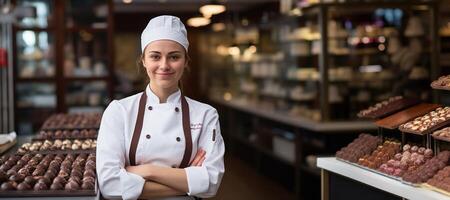 AI generated female confectioner on a background of sweets Generative AI photo