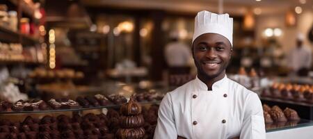 AI generated male confectioner on a background of sweets Generative AI photo