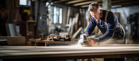 AI generated carpenter works with wood in the workshop Generative AI photo