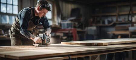 AI generated carpenter works with wood in the workshop Generative AI photo