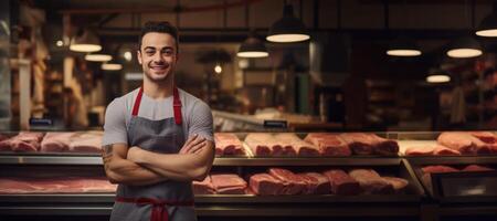 AI generated portrait of a male butcher with meat in the background Generative AI photo