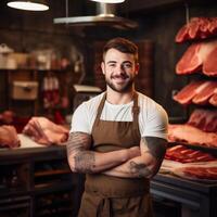 ai generado retrato de un masculino Carnicero con carne en el antecedentes generativo ai foto