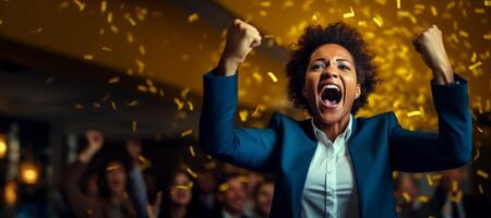 AI generated woman businessman celebrating victory Generative AI photo