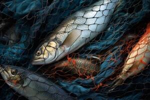 AI generated a lot of fish in fishing nets Generative AI photo