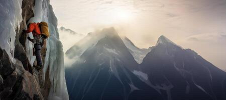 AI generated Rock climber on top of snowy mountains Generative AI photo