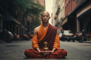 AI generated Buddhist monk in orange clothes in lotus position Generative AI photo