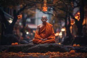 AI generated Buddhist monk in orange clothes in lotus position Generative AI photo