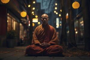 AI generated Buddhist monk in orange clothes in lotus position Generative AI photo