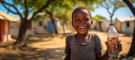 AI generated happy african child holding a bottle of clean water Generative AI photo