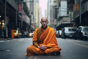 AI generated Buddhist monk in orange clothes in lotus position Generative AI photo