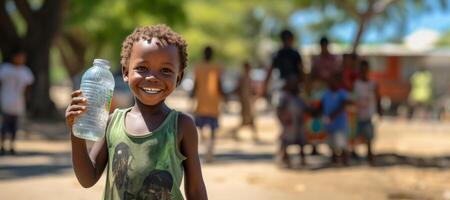 ai generado contento africano niño participación un botella de limpiar agua generativo ai foto