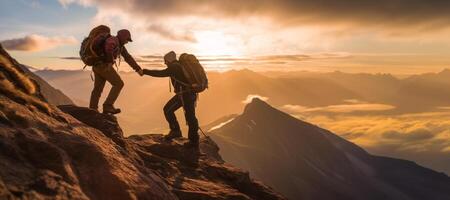 AI generated traveler helps friend climb mountain Generative AI photo