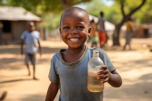 ai generado contento africano niño participación un botella de limpiar agua generativo ai foto