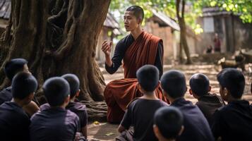 AI generated Buddhist monk talking to children Generative AI photo
