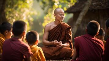 AI generated Buddhist monk talking to children Generative AI photo