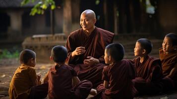 AI generated Buddhist monk talking to children Generative AI photo